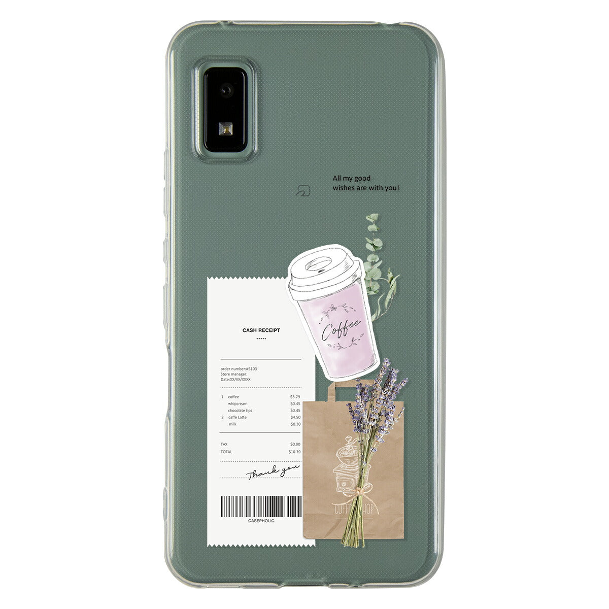 AQUOS 名入れ対応 カフェコラージュ柄 クリアスマホケース