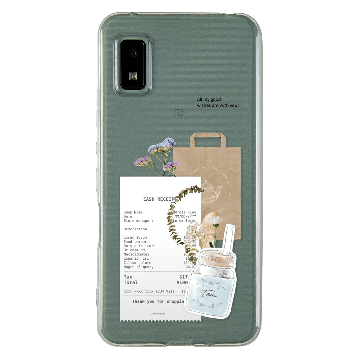 AQUOS 名入れ対応 カフェコラージュ柄 クリアスマホケース