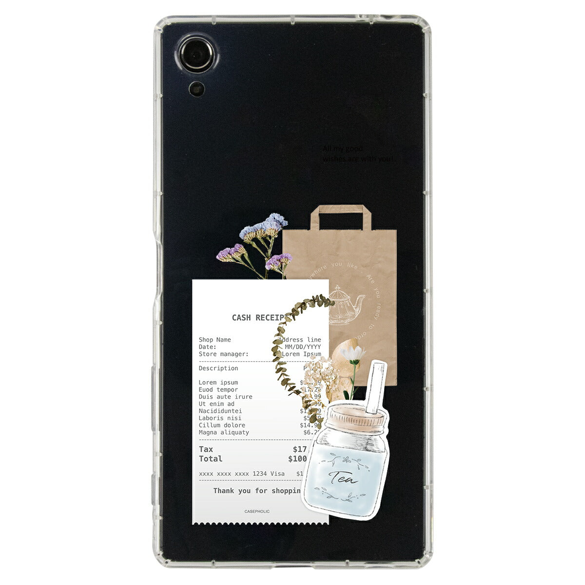 Xperia 各機種対応 名入れ カフェコラージュ柄 スマホケース