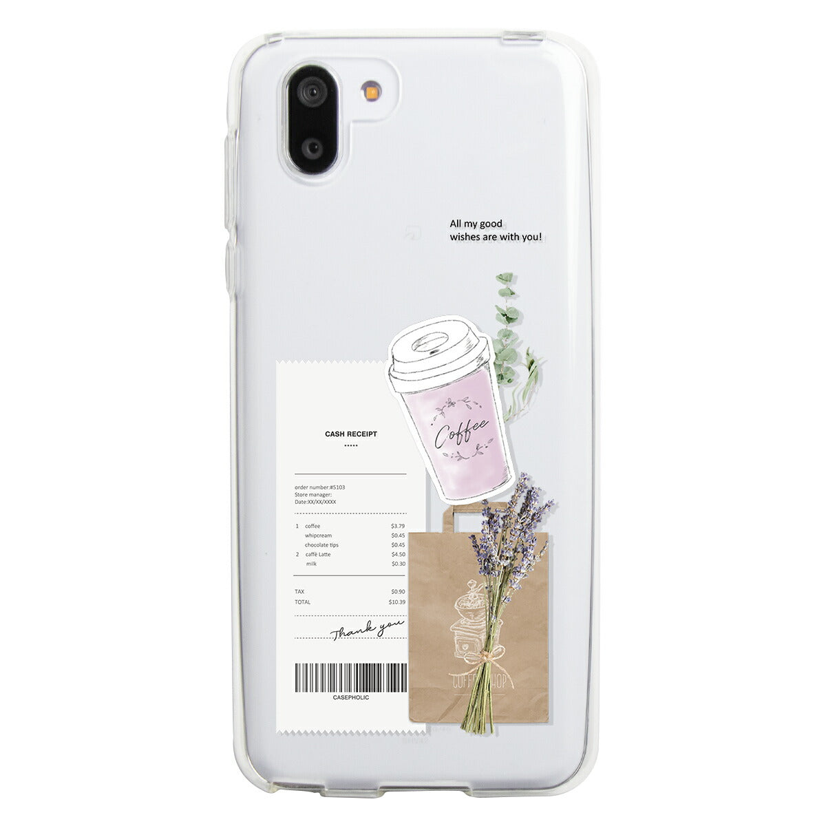 AQUOS 名入れ対応 カフェコラージュ柄 クリアスマホケース