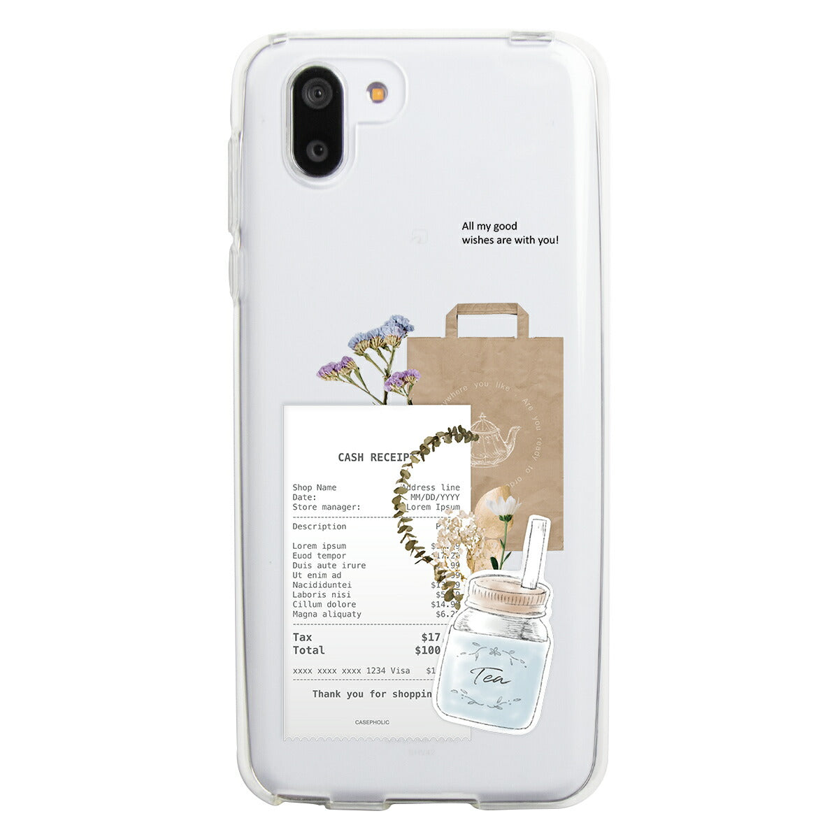 AQUOS 名入れ対応 カフェコラージュ柄 クリアスマホケース