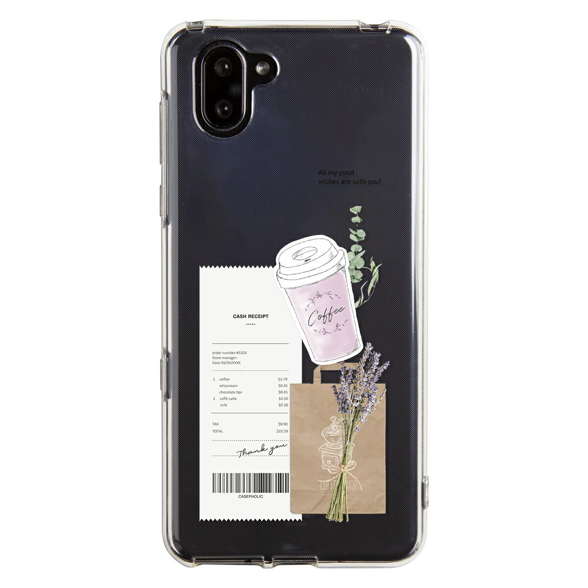 AQUOS 名入れ対応 カフェコラージュ柄 クリアスマホケース