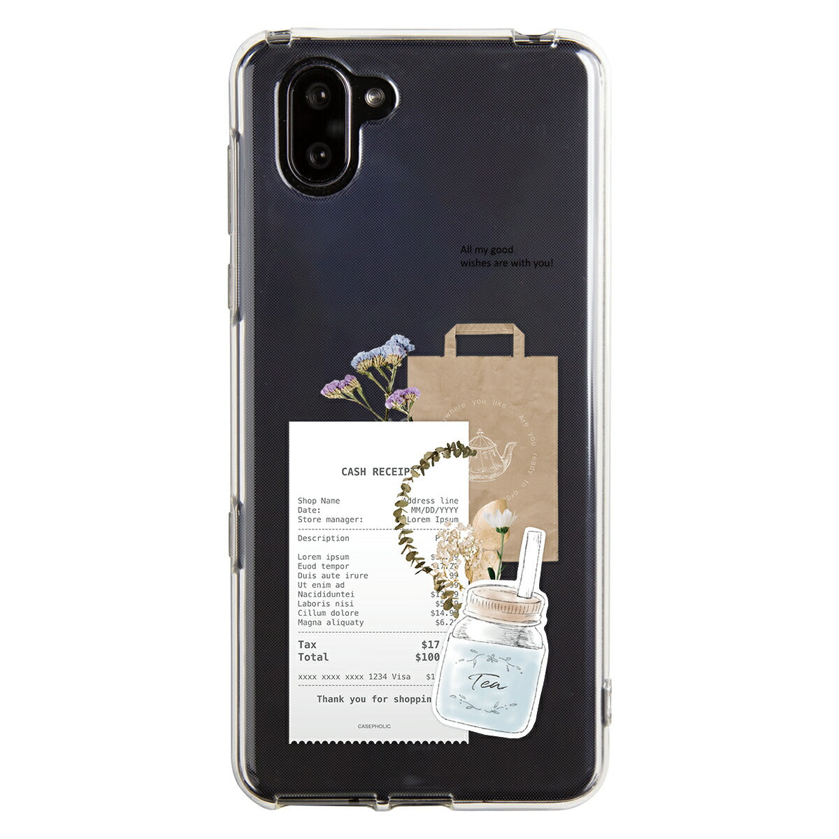 AQUOS 名入れ対応 カフェコラージュ柄 クリアスマホケース
