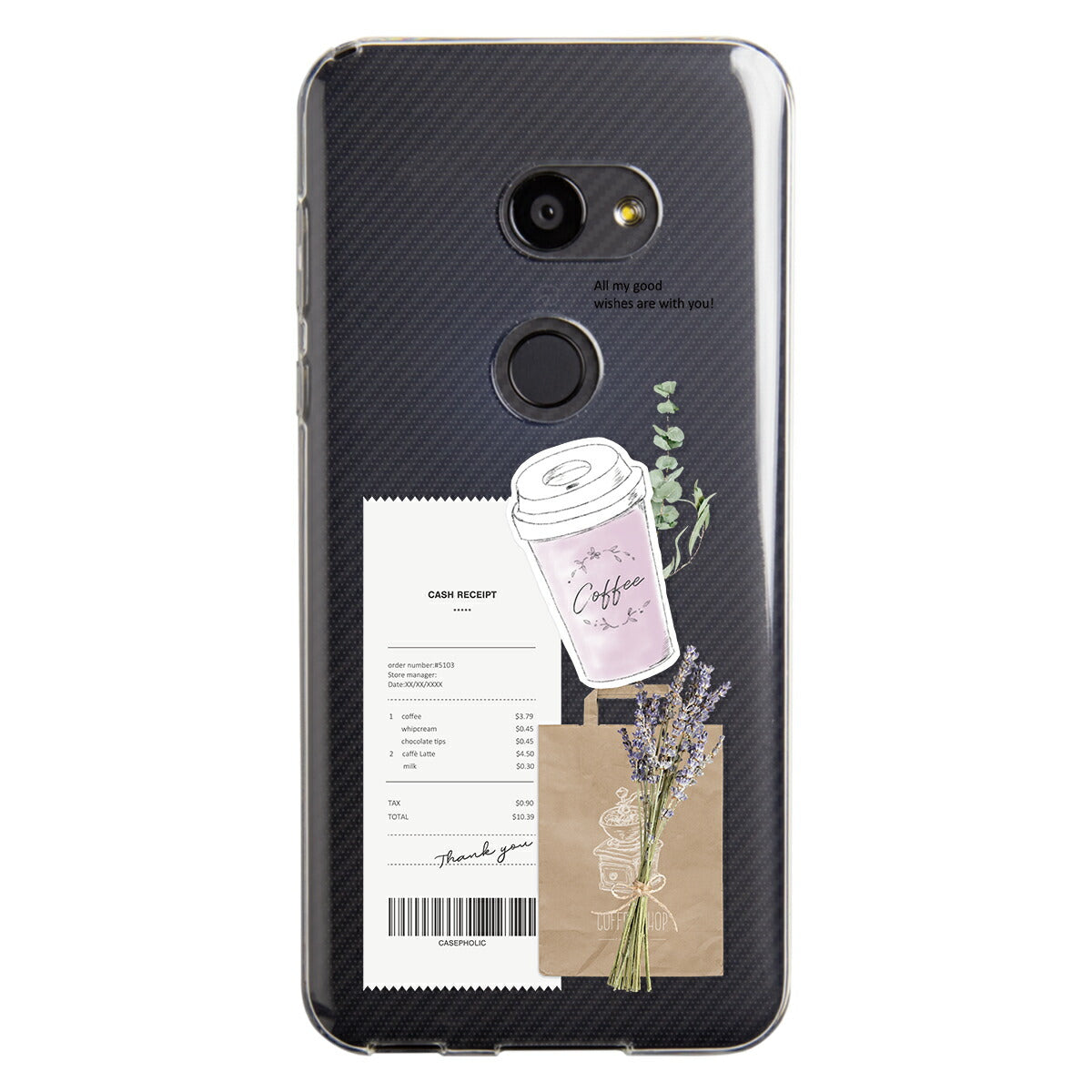 AQUOS 名入れ対応 カフェコラージュ柄 クリアスマホケース