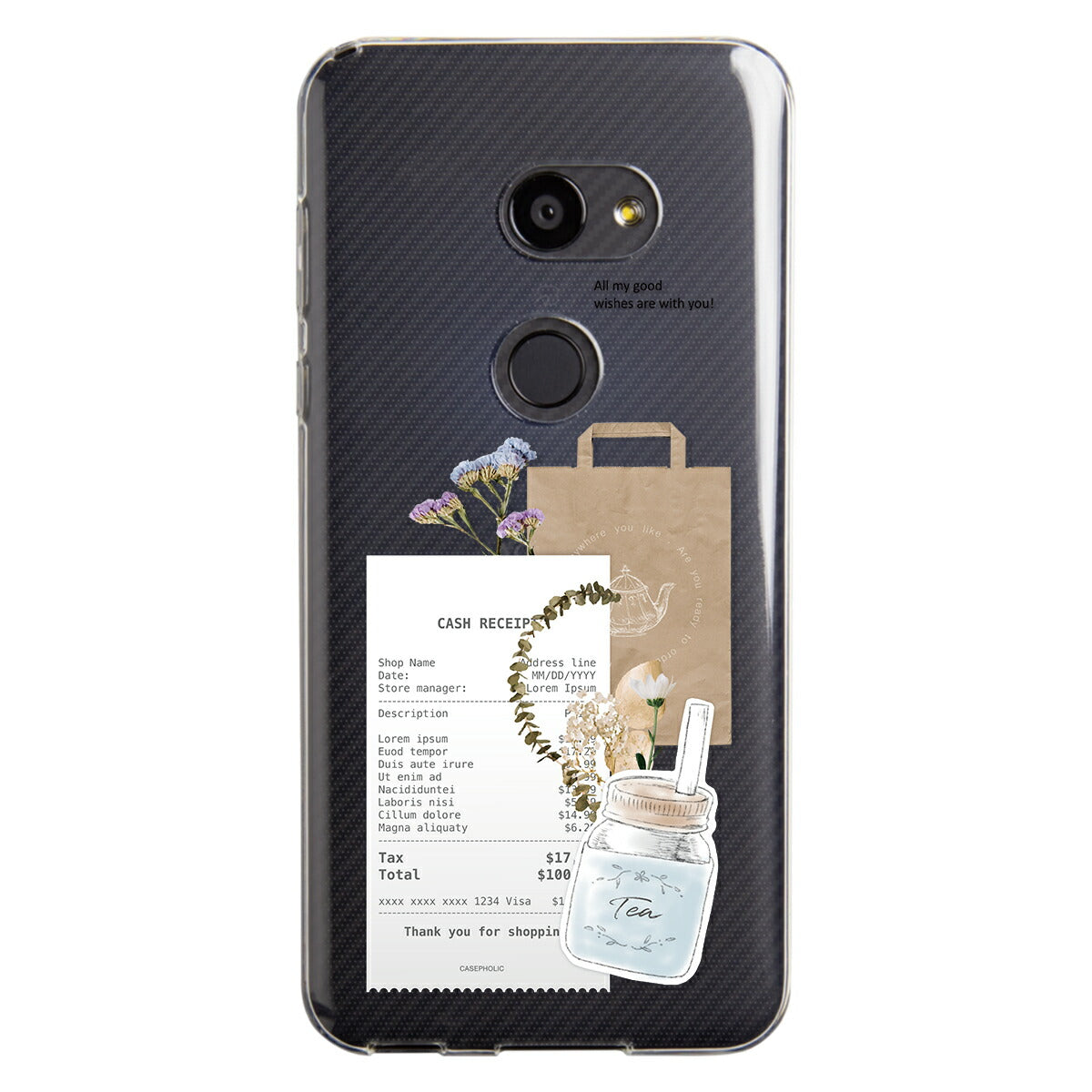 AQUOS 名入れ対応 カフェコラージュ柄 クリアスマホケース