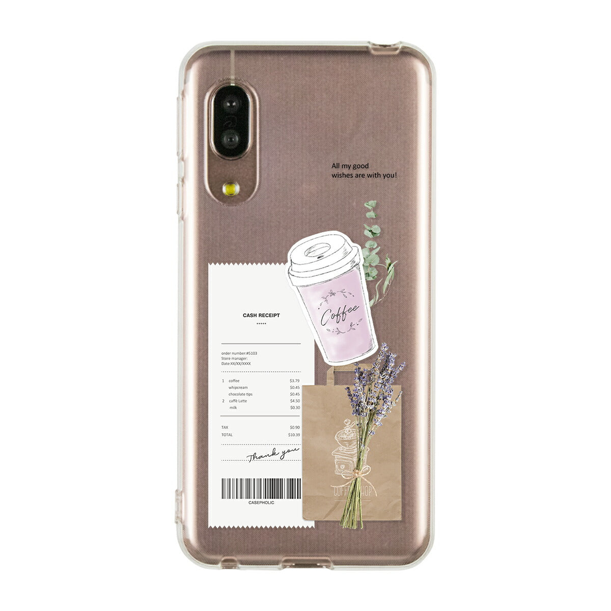 AQUOS 名入れ対応 カフェコラージュ柄 クリアスマホケース