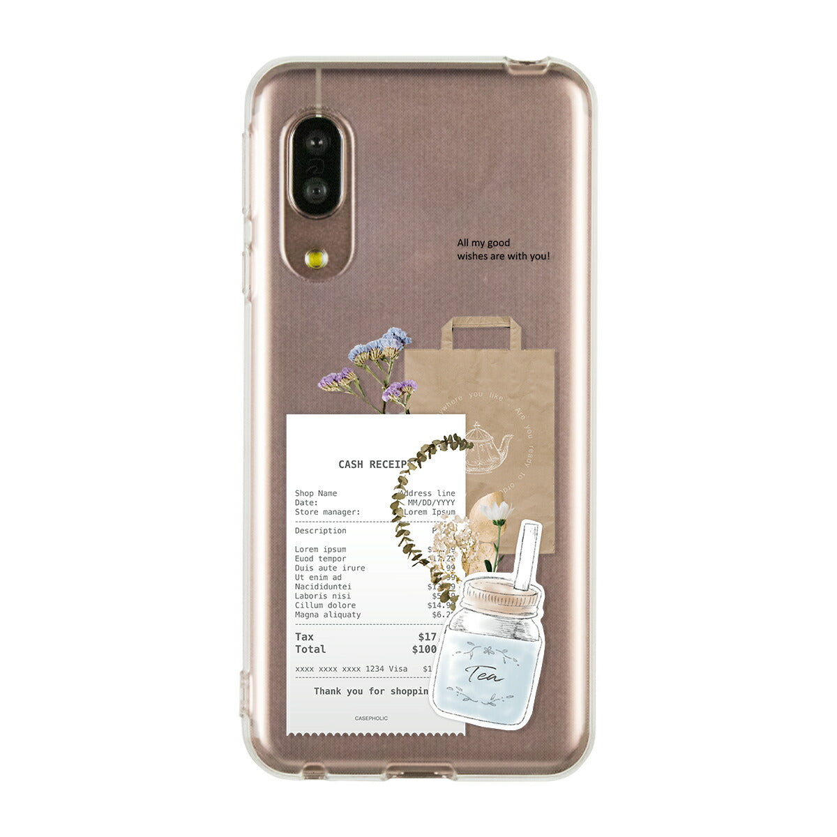 AQUOS 名入れ対応 カフェコラージュ柄 クリアスマホケース