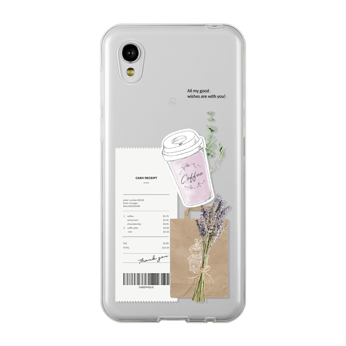 AQUOS 名入れ対応 カフェコラージュ柄 クリアスマホケース