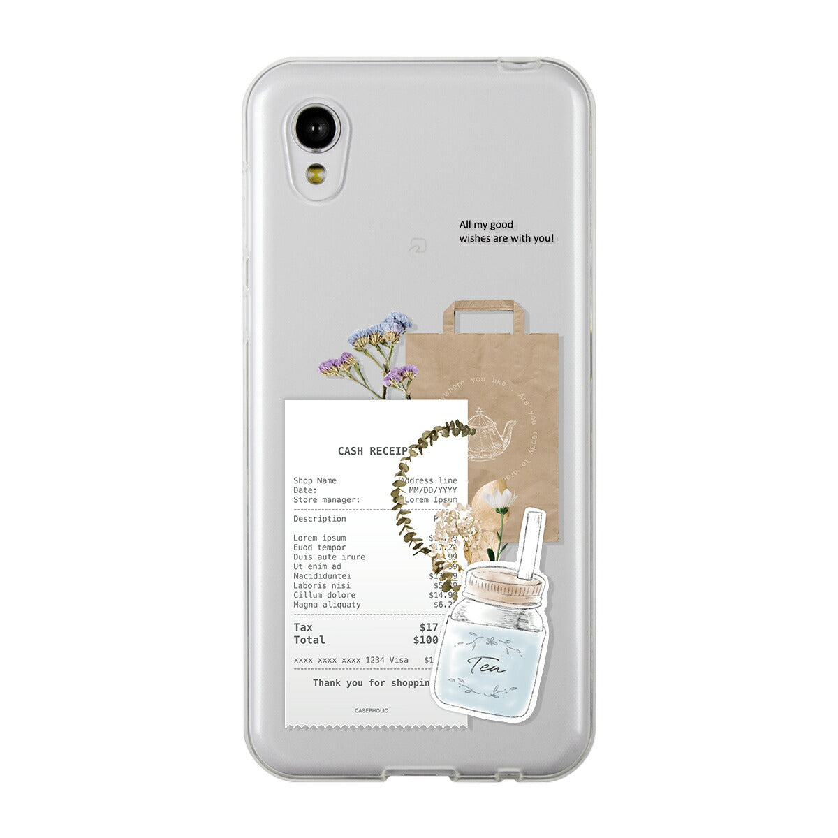 AQUOS 名入れ対応 カフェコラージュ柄 クリアスマホケース