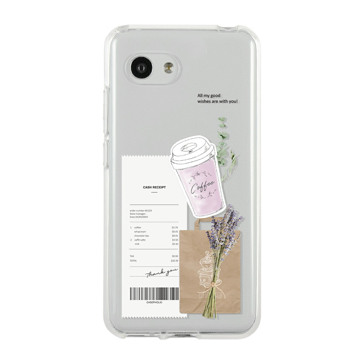 AQUOS 名入れ対応 カフェコラージュ柄 クリアスマホケース