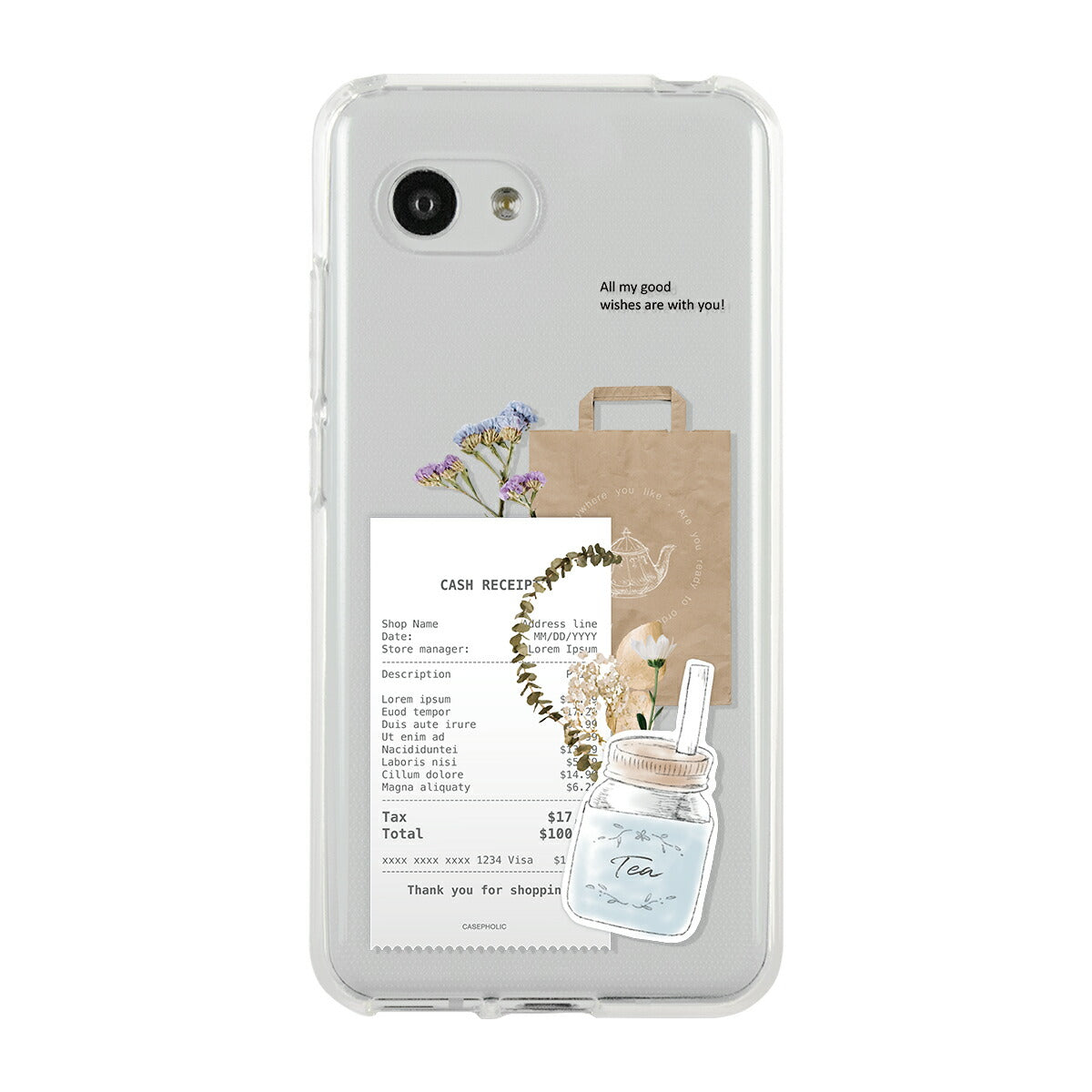 AQUOS 名入れ対応 カフェコラージュ柄 クリアスマホケース