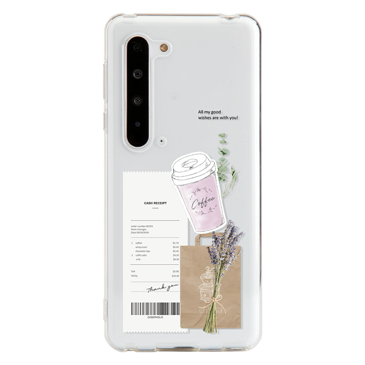 AQUOS 名入れ対応 カフェコラージュ柄 クリアスマホケース