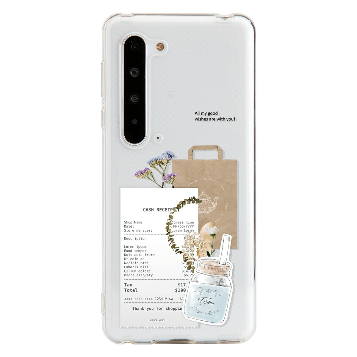 AQUOS 名入れ対応 カフェコラージュ柄 クリアスマホケース