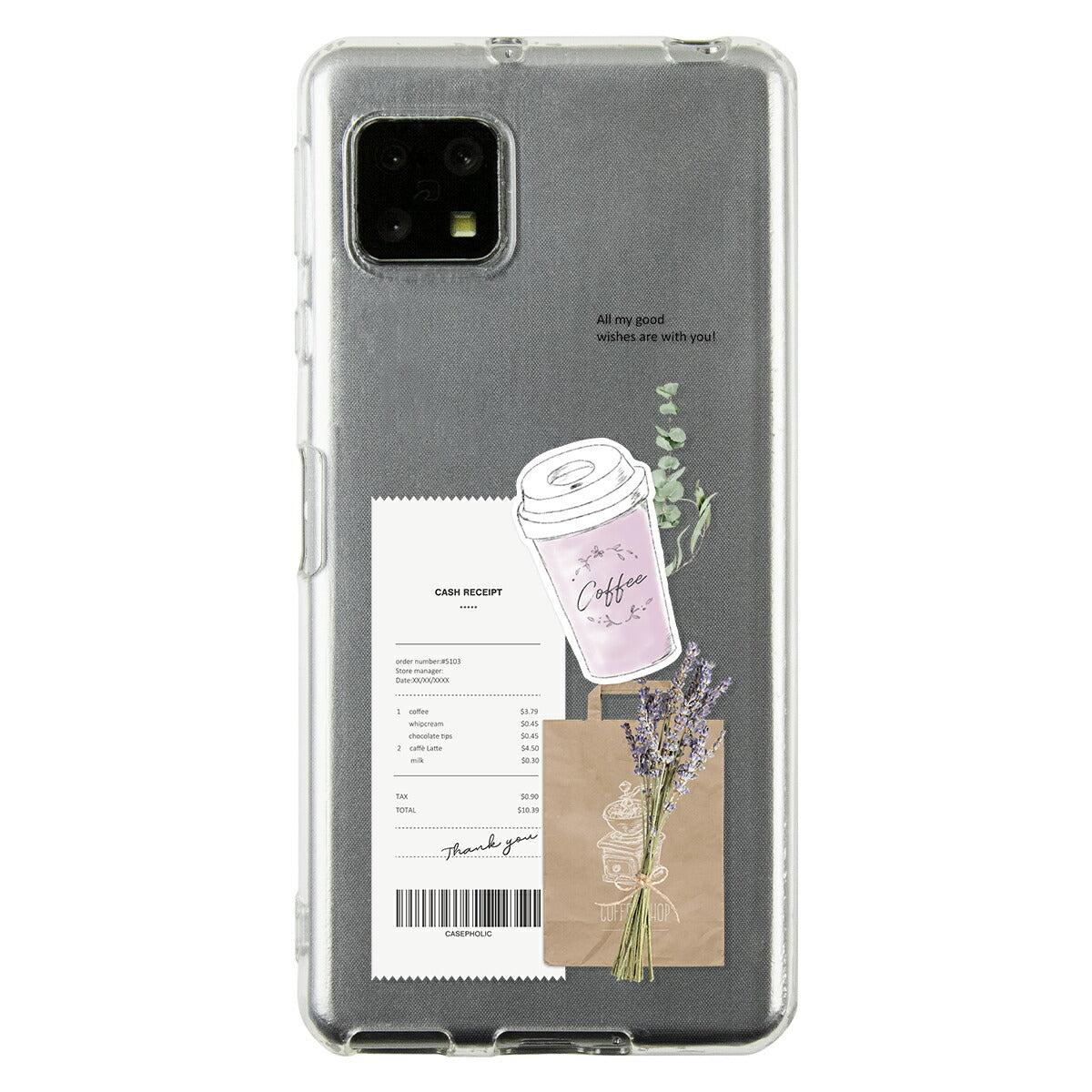 AQUOS 名入れ対応 カフェコラージュ柄 クリアスマホケース
