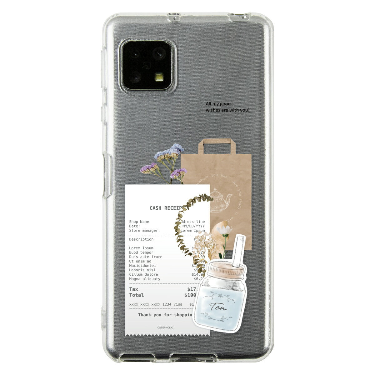 AQUOS 名入れ対応 カフェコラージュ柄 クリアスマホケース