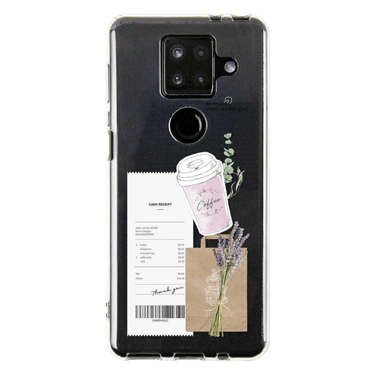 AQUOS 名入れ対応 カフェコラージュ柄 クリアスマホケース