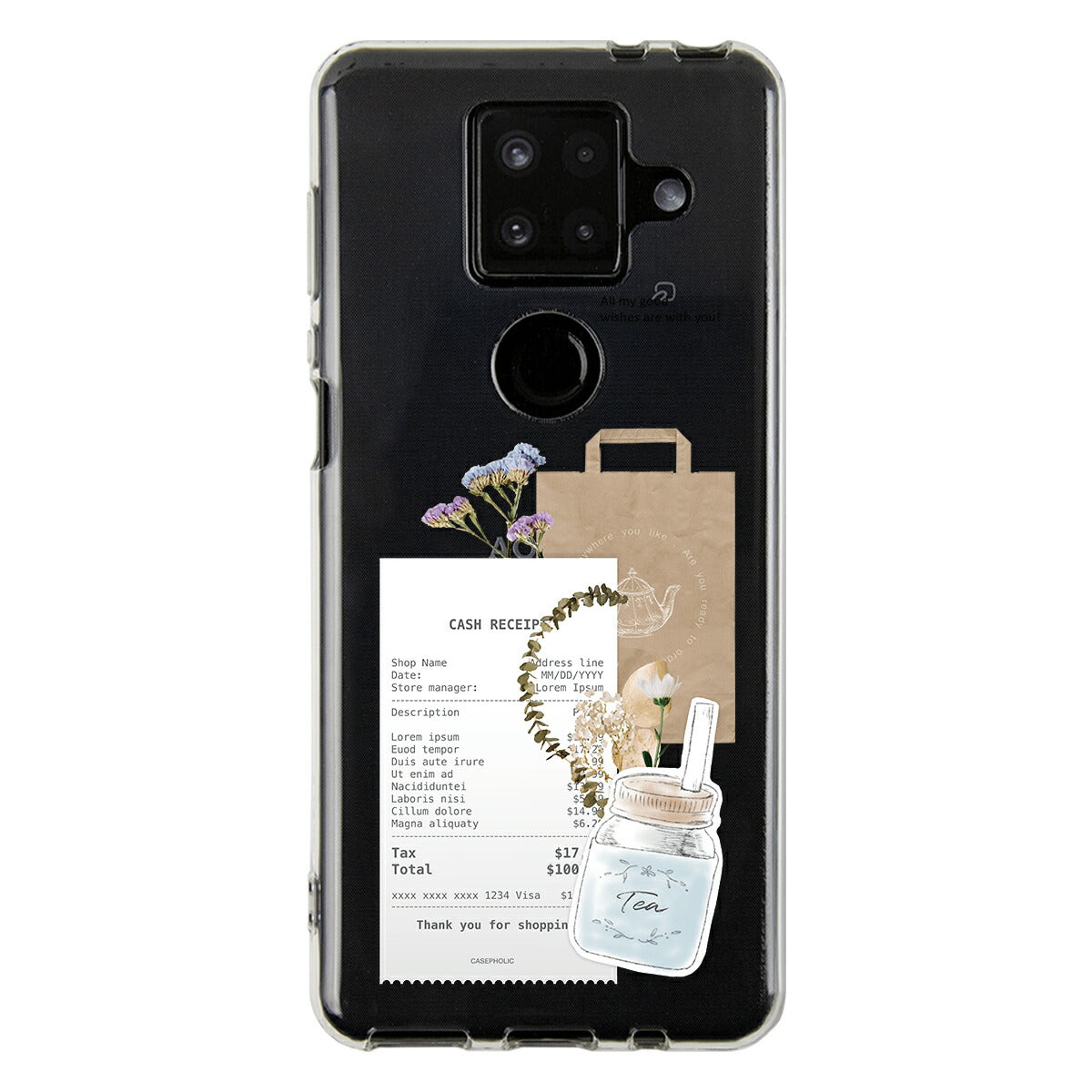 AQUOS 名入れ対応 カフェコラージュ柄 クリアスマホケース