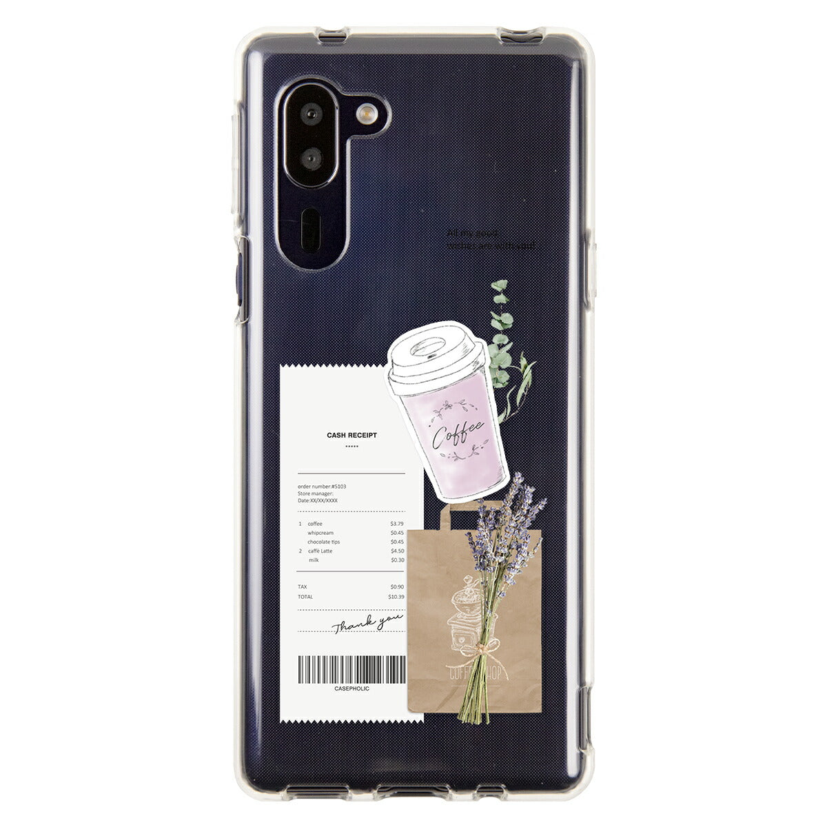 AQUOS 名入れ対応 カフェコラージュ柄 クリアスマホケース