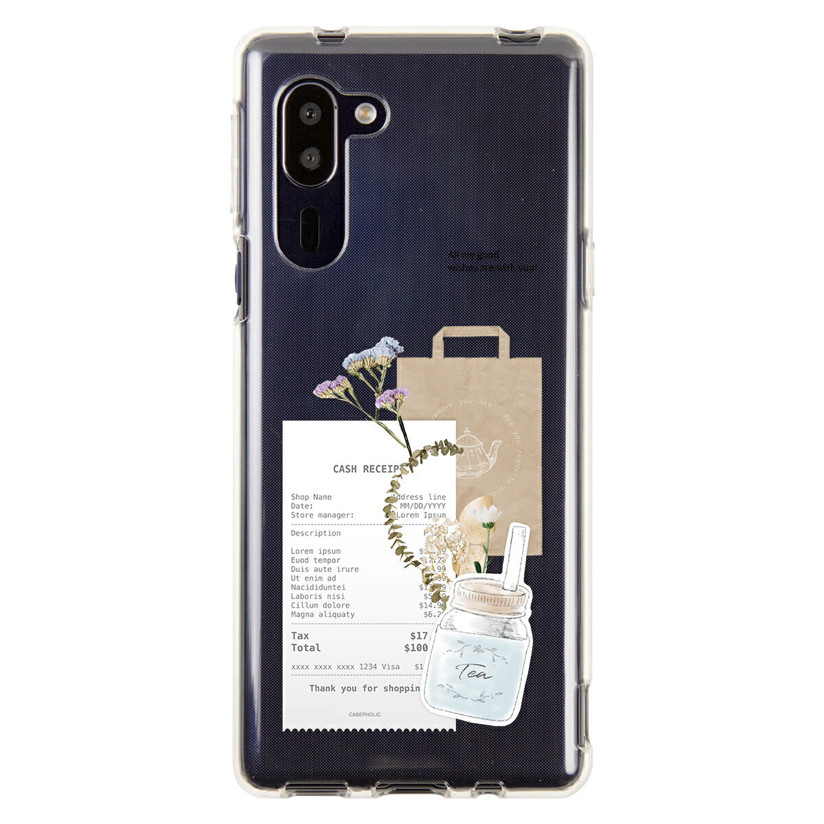 AQUOS 名入れ対応 カフェコラージュ柄 クリアスマホケース