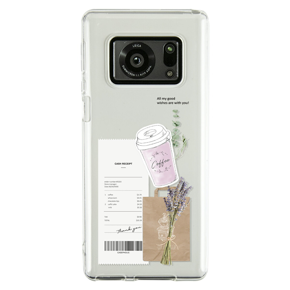 AQUOS 名入れ対応 カフェコラージュ柄 クリアスマホケース