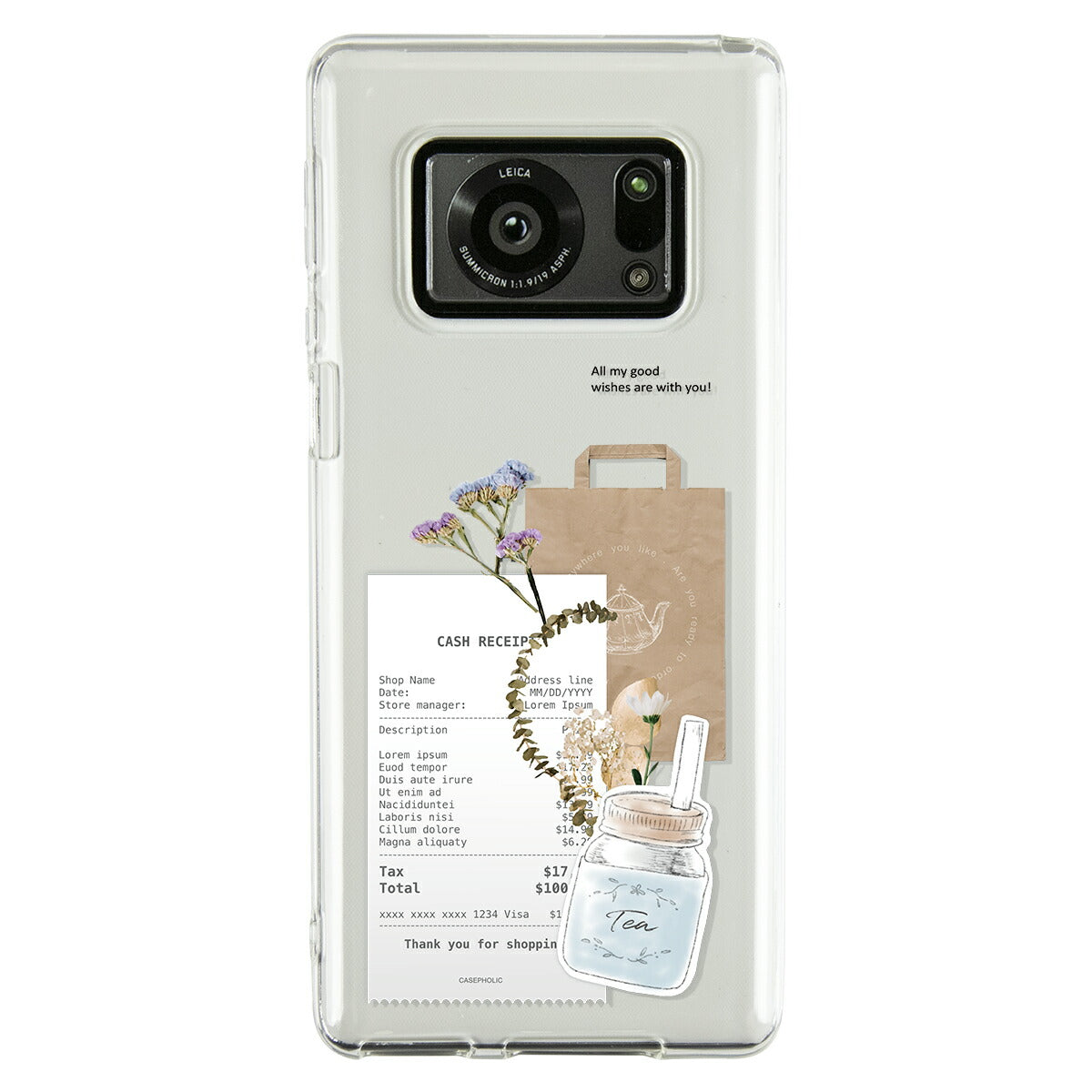 AQUOS 名入れ対応 カフェコラージュ柄 クリアスマホケース