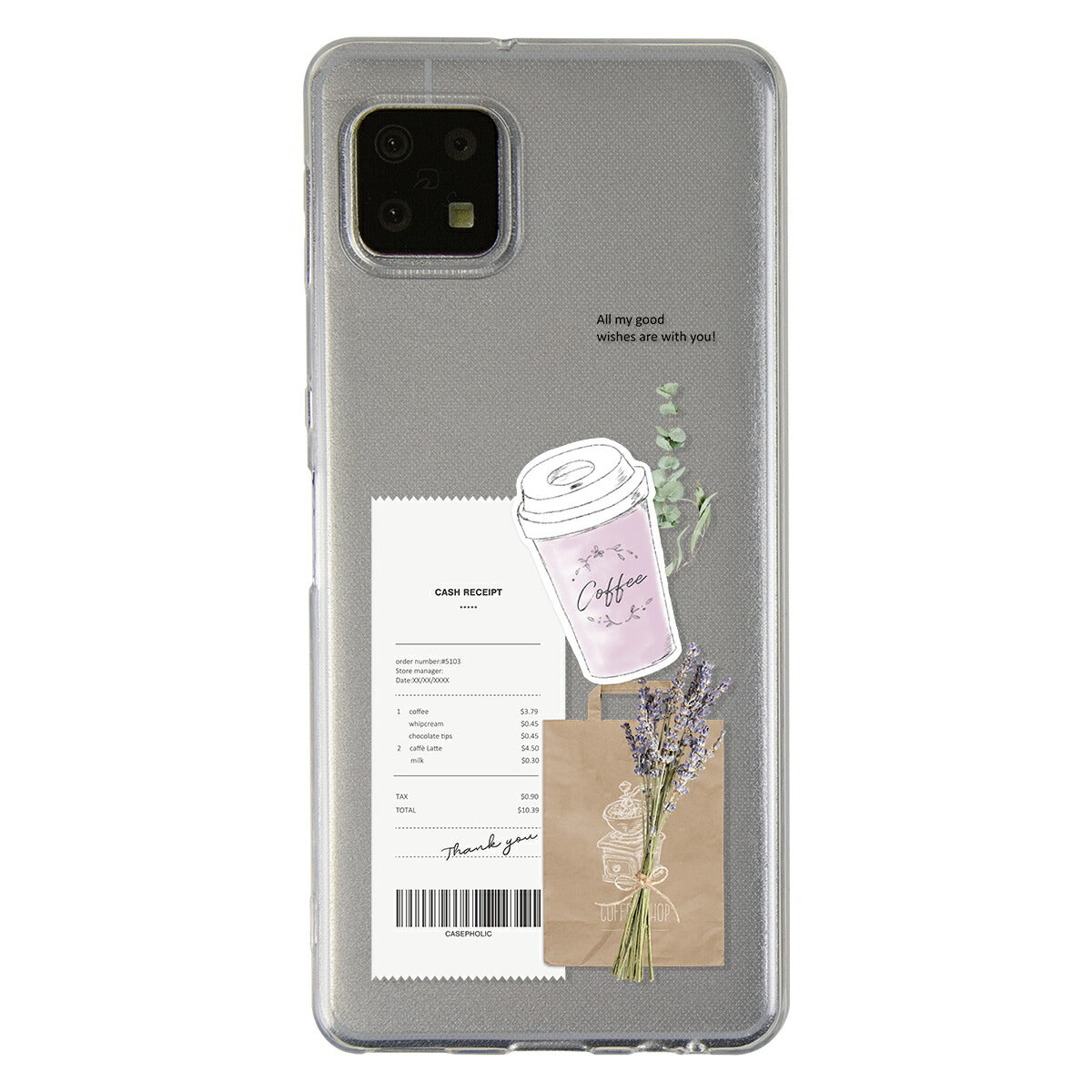 AQUOS 名入れ対応 カフェコラージュ柄 クリアスマホケース