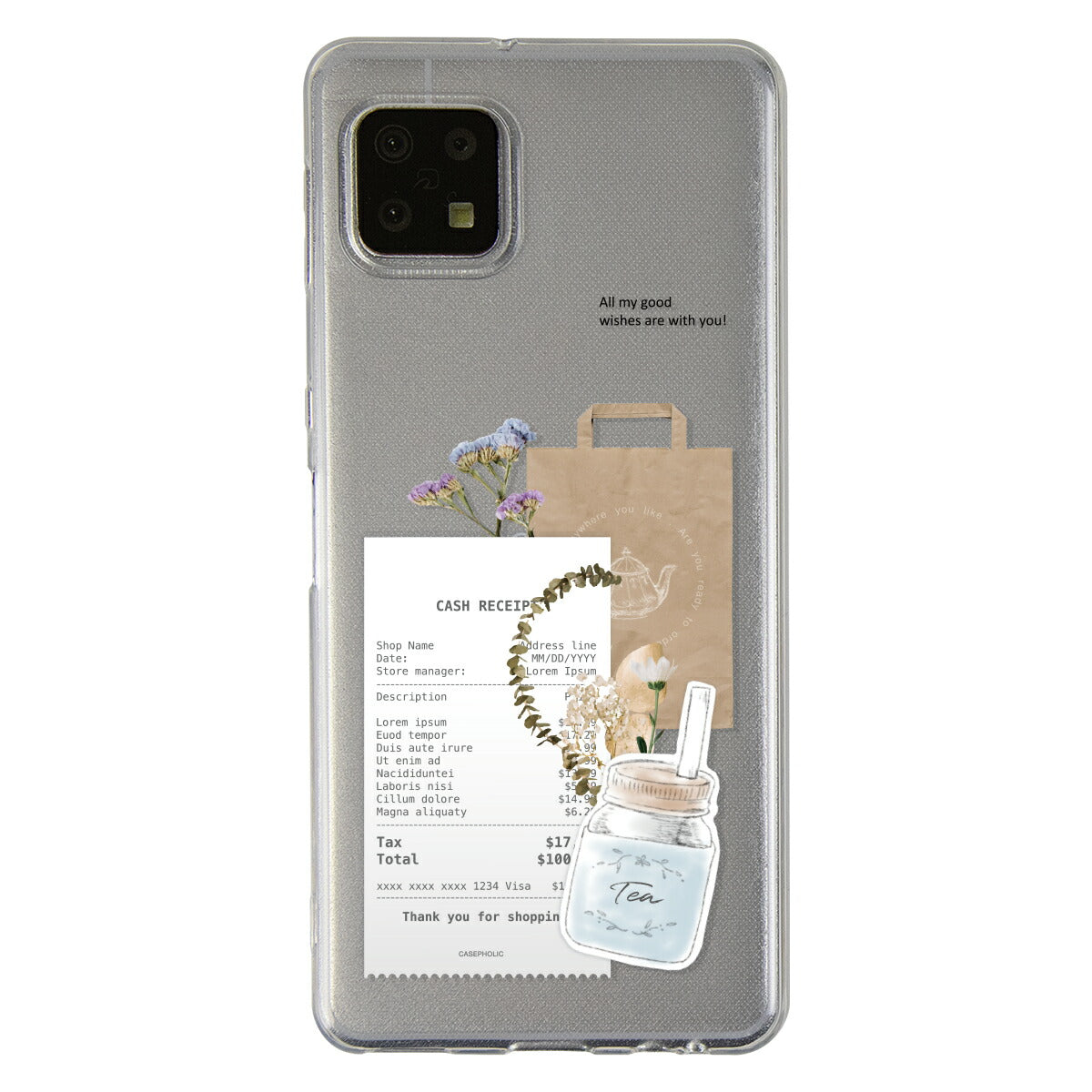AQUOS 名入れ対応 カフェコラージュ柄 クリアスマホケース