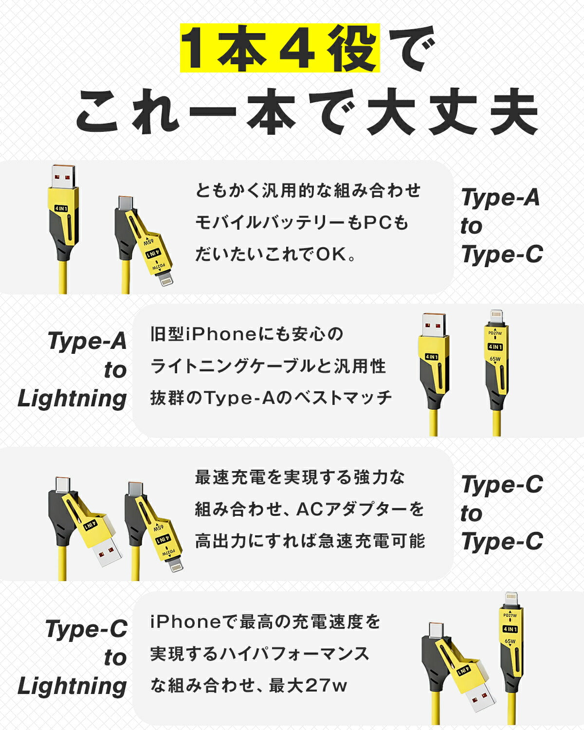 4in1 充電ケーブル カールコード 1.5m PD 65W 急速充電 - 5
